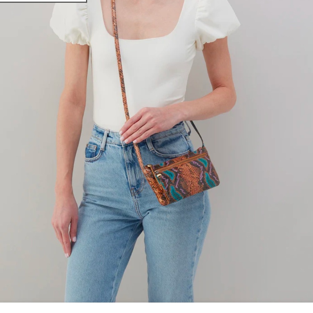 HOBO Brown and Blue Hobo Bag with Bohemian Colorful Design Cara Crossbody NWT
